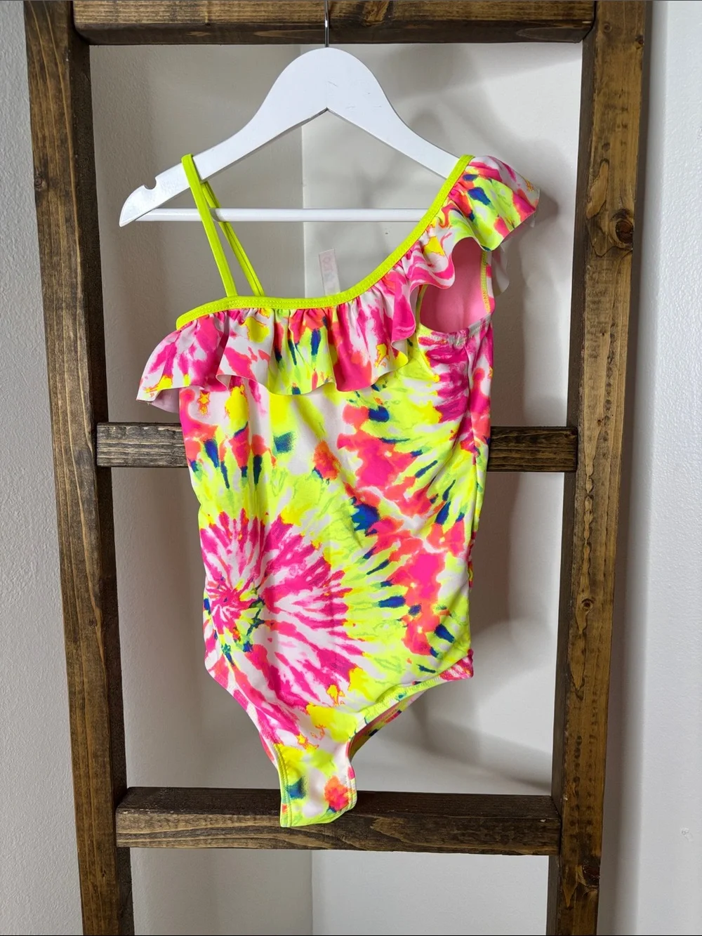 Limited Too Neon Pink & Yellow Tie-Dye One-Shoulder Ruffle Swimsuit